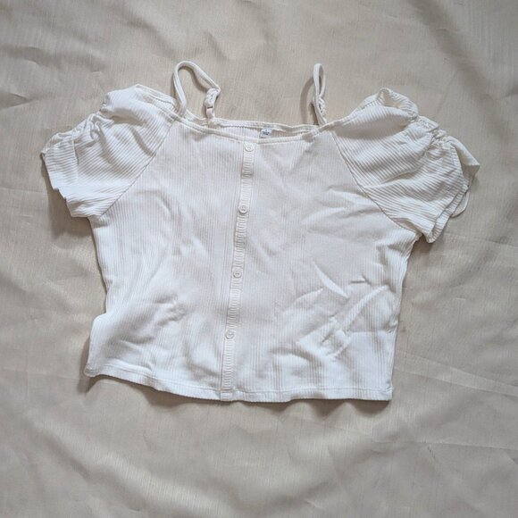 GU Ribbed Front Button Off-Shoulder Short Sleeve Top White Japanese Brand - Picture 3 of 7
